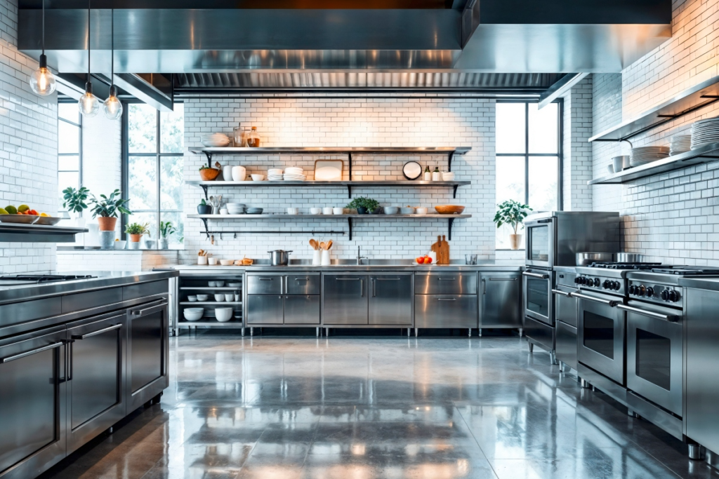 Restaurant kitchen with modern appliances.