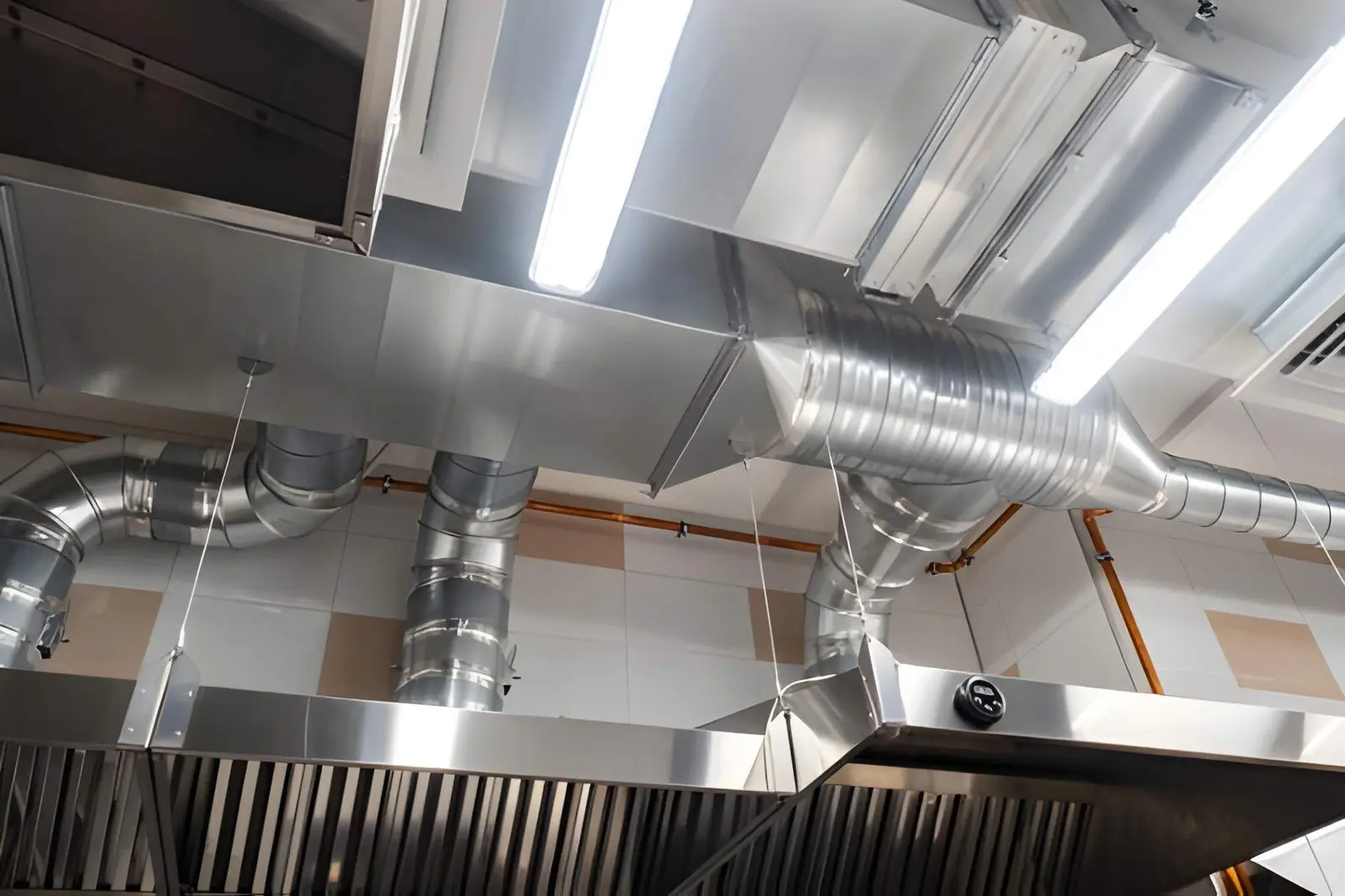 Restaurant Hood System Installation stainless steel hood system mounted above commercial cooking line