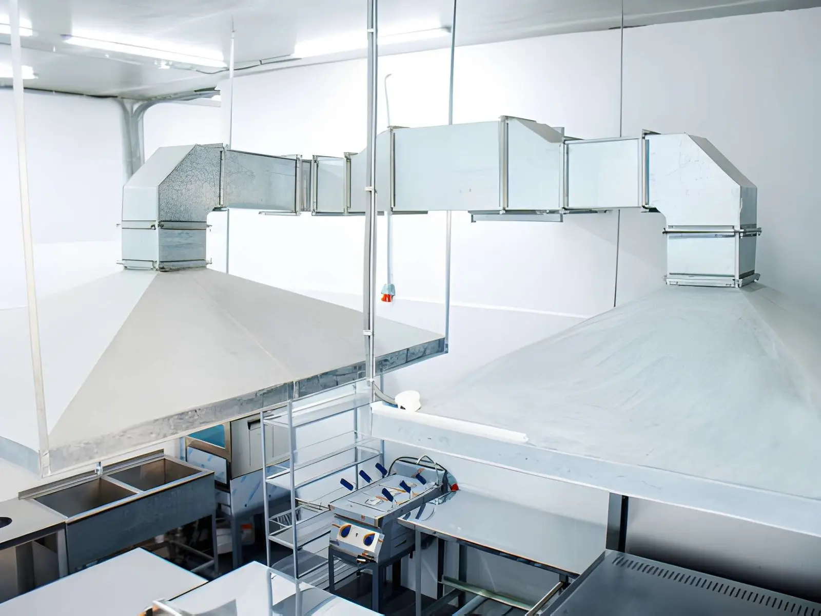 Commercial Hood Kitchen Repair and Installation in Hidden Hills showing professional technicians installing a stainless steel ventilation hood system in a commercial restaurant kitchen